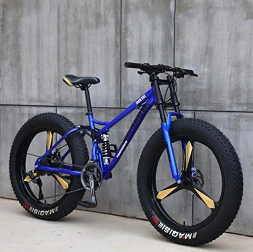 Fat Tyre Bike : Langlin 26" Mountain Bike Bicycle for Adult Variable Speed Offroad Mountain Bike High Carbon Steel Frame Shock-absorbing Front Fork Double Disc Brake Bikes, blue, 27 speed