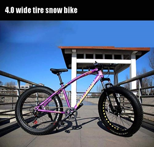 Fat Tyre Bike : LJ Bicycle, 24 inch Adult Fat Tire Mountain Bike, Double Disc Brake Snow Bicycle, High-Carbon Steel Frame Cruiser Bikes Mens, Aluminum Alloy Rims Wheels Beach Bicycles, Gold, 27 Speed, Purple, 7 Speed