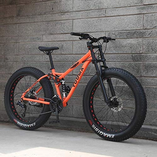 Fat Tyre Bike : LUO Bike, 26 inch Mens Fat Tire Mountain Bike, Beach Snow Bikes, Double Disc Brake Cruiser Bicycle, Lightweight High-Carbon Steel Frame, Aluminum Alloy Wheels, Orange, 21 Speed