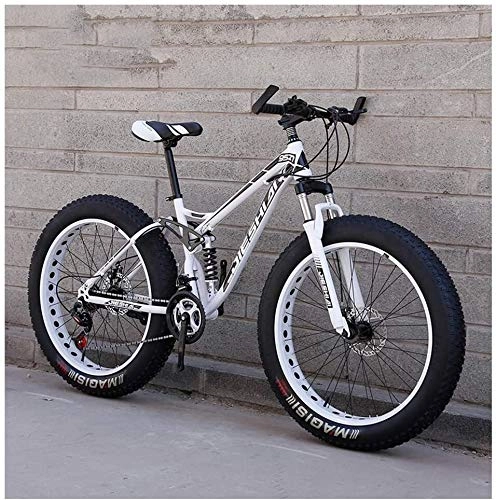 Fat Tyre Bike : LYQZ Adult Mountain Bikes, Fat Tire Dual Disc Brake Hardtail Mountain Bike, Big Wheels Bicycle, High-carbon Steel Frame (Color : New White, Size : 26 Inch 21 Speed)