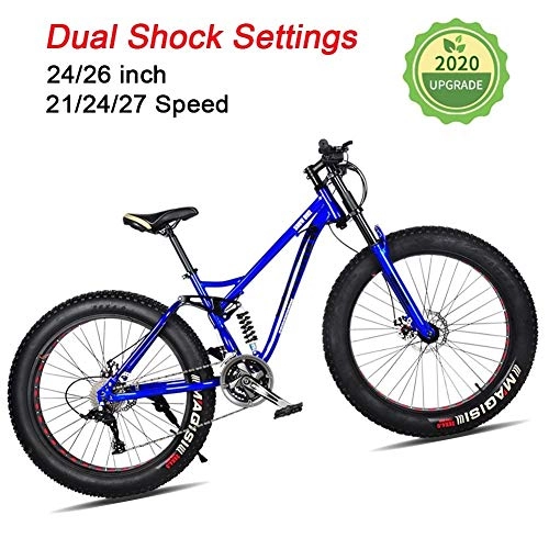 Fat Tyre Bike : LYRWISHJD 4.0 Inch Tire Mountain Trail Bike Country Gearshift Bicycle High Carbon Steel Bike With Adjustable Seat And Handle For Unisex Adult Student Outdoors (Color : Blue, Size : 24 inch)
