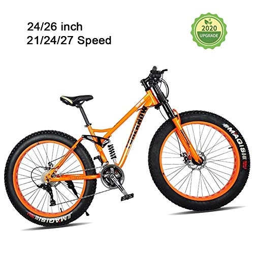 Fat Tyre Bike : LYRWISHJD Fat Tire Adult Mountain Bike, Lightweight High-Carbon Steel Frame Cruiser Bikes, Beach Snow Bike Mens Bicycle, Double Disc Brake 26 Inch Wheels (Color : Orange, Size : 26 inch)