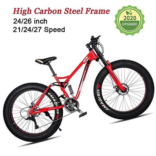 Fat Tyre Bike : LYRWISHJD Fat Tire Adult Mountain Bike, Lightweight High-Carbon Steel Frame Cruiser Bikes, Beach Snow Bike Mens Bicycle, Double Disc Brake 26 Inch Wheels (Color : Red, Size : 26 inch)