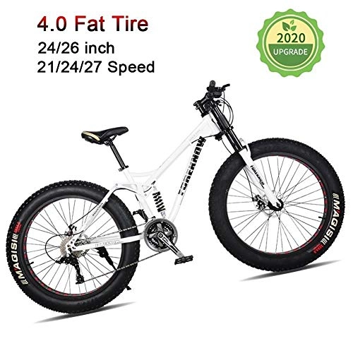 Fat Tyre Bike : LYRWISHJD Fat Tire Adult Mountain Bike, Lightweight High-Carbon Steel Frame Cruiser Bikes, Beach Snow Bike Mens Bicycle, Double Disc Brake 26 Inch Wheels (Color : White, Size : 24 inch)
