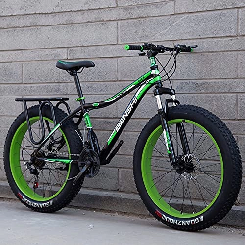 Fat Tyre Bike : LZHi1 24 Inch 27 Speed Fat Tire Men Mountain Bike, Aldult Mountain Trail Bike With Suspension Fork And Dual Disc Brakes, Outdoor Beach Snow Bike(Color:Black green)