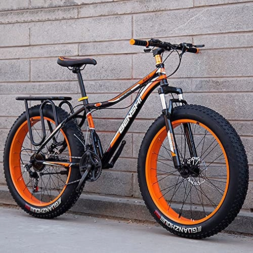 Fat Tyre Bike : LZHi1 24 Inch 27 Speed Fat Tire Men Mountain Bike, Aldult Mountain Trail Bike With Suspension Fork And Dual Disc Brakes, Outdoor Beach Snow Bike(Color:Black orange)