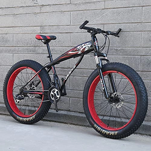 Fat Tyre Bike : LZHi1 24 Inch 27 Speed Fat Tire Mountain Bike With Lockable Suspension Fork, Adult Men Mountain Bikes With Dual Disc Brakes, High Carbon Steel Outdoor Beach Snow Road Bicycle(Color:Black red)