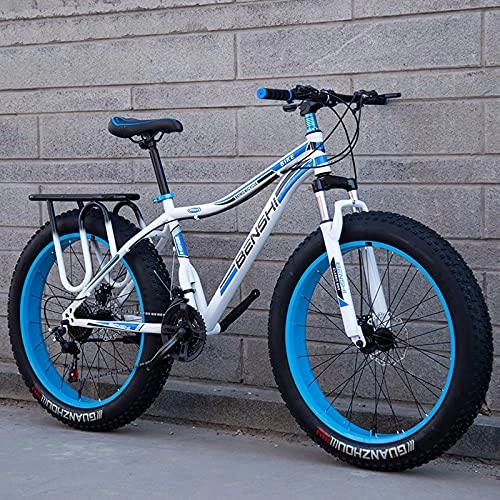 Fat Tyre Bike : LZHi1 24 Inch Fat Tire Men Mountain Bike, 27 Speed Suspension Fork Mountain Trail Bike With Dual Disc Brakes, High Carbon Steel Outdoor Adult Bikes For Beach Snow(Color:White blue)