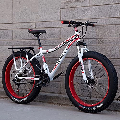 Fat Tyre Bike : LZHi1 24 Inch Fat Tire Men Mountain Bike, 27 Speed Suspension Fork Mountain Trail Bike With Dual Disc Brakes, High Carbon Steel Outdoor Adult Bikes For Beach Snow(Color:White red)