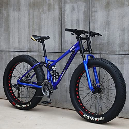 Fat Tyre Bike : LZHi1 26 Inch 27 Speed Full Suspension Men Mountain Bike, Adult Mountain Bikes With Dual Disc Brakes, High Carbon Steel Beach Snow Road Bike With Adjustable Seat(Color:Blue)