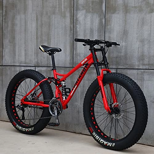 Fat Tyre Bike : LZHi1 26 Inch 27 Speed Full Suspension Men Mountain Bike, Adult Mountain Bikes With Dual Disc Brakes, High Carbon Steel Beach Snow Road Bike With Adjustable Seat(Color:Red)