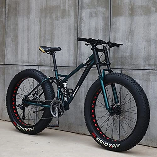 Fat Tyre Bike : LZHi1 26 Inch Fat Tire Men Mountain Bike, 27 Speed Adult Mountain Bikes With Full Suspension Disc Brakes, High Carbon Steel Beach Snow Road Bike, Multiple Colors(Color:Cyan)