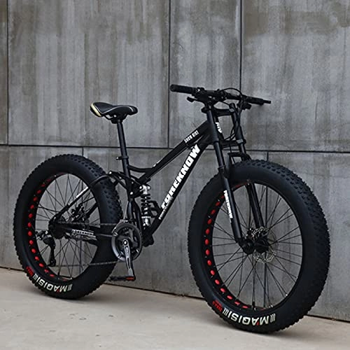 Fat Tyre Bike : LZHi1 26 Inch Fat Tire Mountain Bike With Full Suspension, 27 Speed High Carbon Steel Mouantain Trail Bicycle, Road Beach Snow Bike With Dual Disc Brakes(Color:Black)