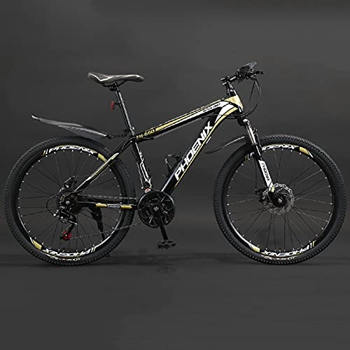 Fat Tyre Bike : LZHi1 26 Inch Suspension Fork Adult Mountain Bike, 27 Speed Dual Disc Brake Mountain Bicycle, High Carbon Steel Frame City Commuter Road Bike With Adjustable Seat(Color:Black gold)
