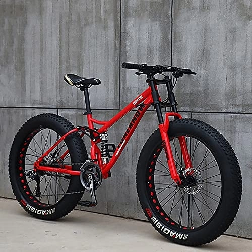 Fat Tyre Bike : MADELL Bikes Mountain, Adult Fat Tire Mountain Trail Bike, Speed Bicycle, High-Carbon Steel Frame Full Suspension Dual Disc Brake / Red(A) / 26Inch 27Speed
