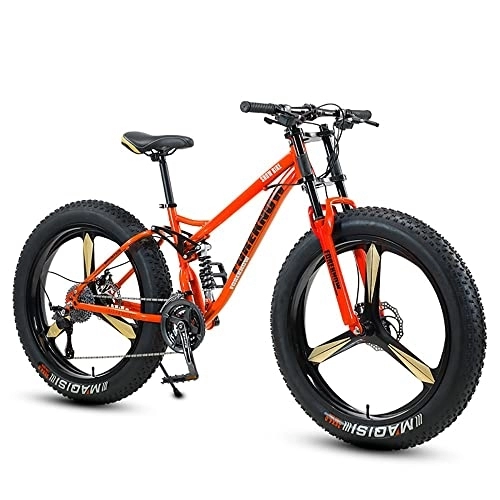 Fat Tyre Bike : MADELL Bikes Thick Wheel Mountain Bike with High-Carbon Steel Frame, Adult Fat Tire Mountain Trail Bicycle, Mens Mountain Bike Dual Suspension Dual Disc Brake / Orange / 26Inch 24Speed