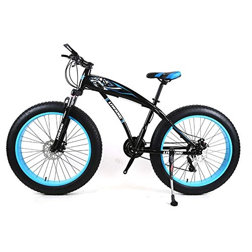 Fat Tyre Bike : Mens Mountain Bike 7 / 21 / 24 / 27 Speeds, 26 inch Fat Tire Road Bicycle Snow Bike Pedals with Disc Brakes and Suspension Fork, BlackBlue, 21Speed