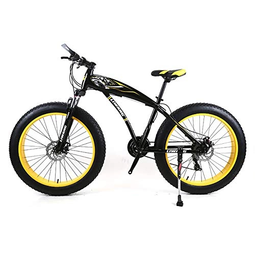 Fat Tyre Bike : Mens Mountain Bike 7 / 21 / 24 / 27 Speeds, 26 inch Fat Tire Road Bicycle Snow Bike Pedals with Disc Brakes and Suspension Fork, BlackYellow, 21Speed