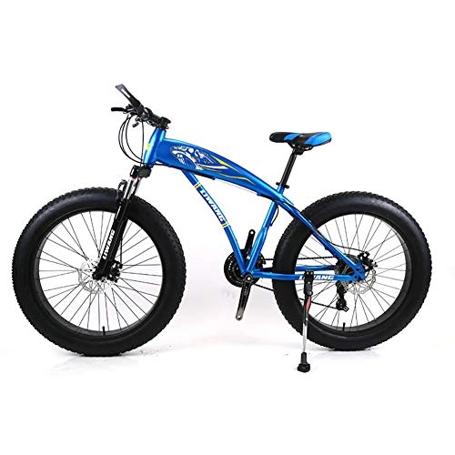 Fat Tyre Bike : Mens Mountain Bike 7 / 21 / 24 / 27 Speeds, 26 inch Fat Tire Road Bicycle Snow Bike Pedals with Disc Brakes and Suspension Fork, Blue, 24Speed