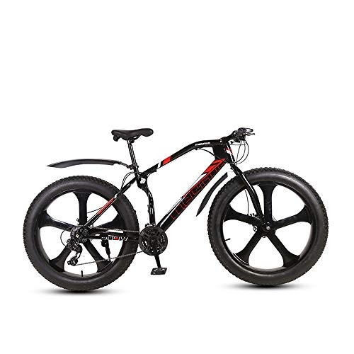 Fat Tyre Bike : MHUI Mountain Bikes, 26 Inch Fat Tire Hardtail Mountain Bike, Double Disc Brake Cruiser Bicycle, 5 Spoke, Black, 26 inch 21 speed