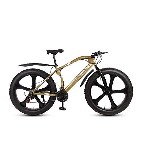 Fat Tyre Bike : MHUI Mountain Bikes, 26 Inch Fat Tire Hardtail Mountain Bike, Double Disc Brake Cruiser Bicycle, 5 Spoke, Gold, 26 inch 21 speed