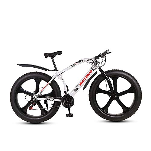 Fat Tyre Bike : MHUI Mountain Bikes, 26 Inch Fat Tire Hardtail Mountain Bike, Double Disc Brake Cruiser Bicycle, 5 Spoke, White, 26 inch 21 speed