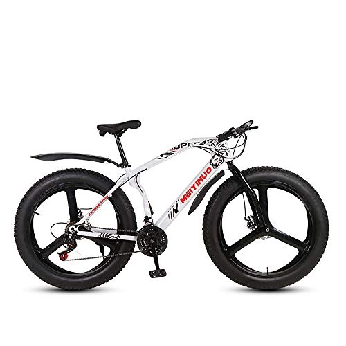 Fat Tyre Bike : MHUI Mountain Bikes, 26 Inch Fat Tire Hardtail Mountain Bike, Double Disc Brake Cruiser Bicycle, Lightweight High-Carbon Steel Frame, 3 Spoke, White, 26 inch 21 speed