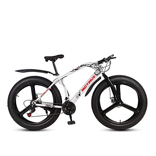 Fat Tyre Bike : MHUI Mountain Bikes, 26 Inch Fat Tire Hardtail Mountain Bike, Double Disc Brake Cruiser Bicycle, Lightweight High-Carbon Steel Frame, 3 Spoke, White, 26 inch 24 speed
