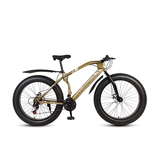 Fat Tyre Bike : MHUI Mountain Bikes, 26 Inch Fat Tire Hardtail Mountain Bike, Double Disc Brake Cruiser Bicycle, Lightweight High-Carbon Steel Frame, Gold, 26 inch 21 speed