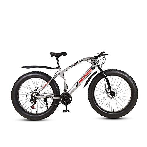 Fat Tyre Bike : MHUI Mountain Bikes, 26 Inch Fat Tire Hardtail Mountain Bike, Double Disc Brake Cruiser Bicycle, Lightweight High-Carbon Steel Frame, Silver, 26 inch 21 speed