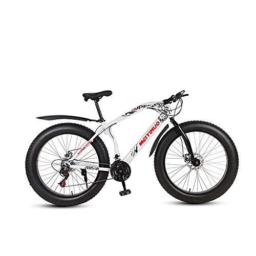Fat Tyre Bike : MHUI Mountain Bikes, 26 Inch Fat Tire Hardtail Mountain Bike, Double Disc Brake Cruiser Bicycle, Lightweight High-Carbon Steel Frame, White, 26 inch 27 speed