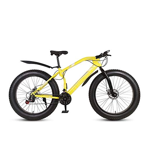 Fat Tyre Bike : MHUI Mountain Bikes, 26 Inch Fat Tire Hardtail Mountain Bike, Double Disc Brake Cruiser Bicycle, Lightweight High-Carbon Steel Frame, Yellow, 26 inch 21 speed