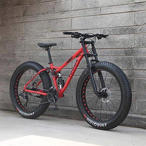 Fat Tyre Bike : MIAOYO Mountain Bikes, 26 Inch Fat Tire Hardtail Mountain Bike, Dual Suspension Frame and Suspension Fork, Lightweight High-Carbon Steel Frame, Aluminum Alloy Wheels, Red, 21 speed