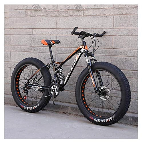 Fat Tyre Bike : MJY Adult Mountain Bikes, Fat Tire Dual Disc Brake Hardtail Mountain Bike, Big Wheels Bicycle, High-Carbon Steel Frame, New Orange, 26 Inch 24 Speed