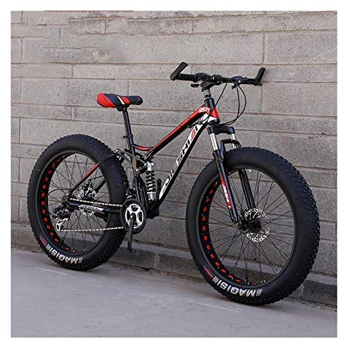 Fat Tyre Bike : MJY Adult Mountain Bikes, Fat Tire Dual Disc Brake Hardtail Mountain Bike, Big Wheels Bicycle, High-Carbon Steel Frame, New Red, 24 Inch 21 Speed