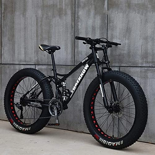Fat Tyre Bike : Mountain Bike, 26-inch Adult Fat Tire Mountain Off-road Bike, 24-speed Bike, Carbon Steel Frame, Double Full Suspension, Double Disc Brakes black