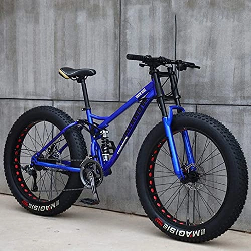 Fat Tyre Bike : Mountain Bikes 26 Inch, Adult Fat Tire Mountain Trail Bike, 24 Speed Bicycle, High-Carbon Steel Frame Dual Full Suspension Dual Disc Brake, Blue