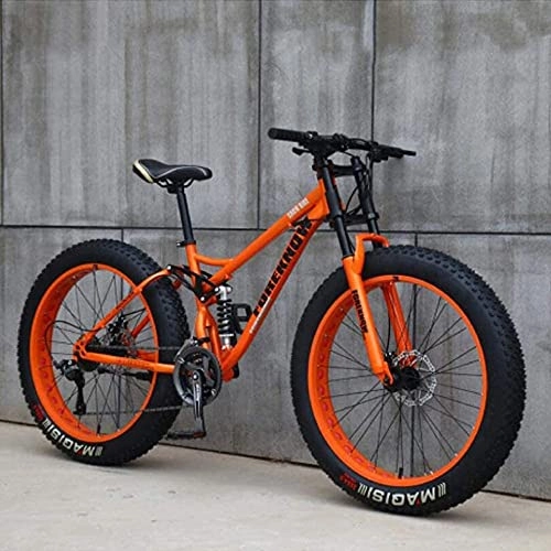 Fat Tyre Bike : Mountain Bikes 26 Inch, Adult Fat Tire Mountain Trail Bike, 24 Speed Bicycle, High-Carbon Steel Frame Dual Full Suspension Dual Disc Brake, Orange