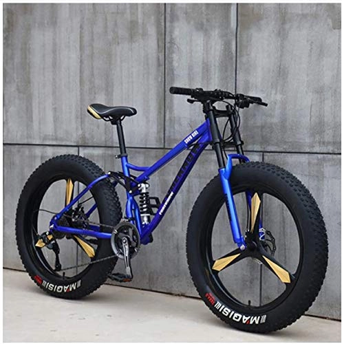 Fat Tyre Bike : Mountain Bikes, 26 Inch Fat Tire Hardtail Mountain Bike, Dual Suspension Frame and Suspension Fork All Terrain Mountain Bike, Blue 3 Spoke, 21 Speed