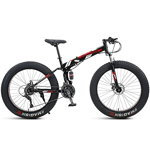 Fat Tyre Bike : NENGGE 24 Inch Mountain Bike Fat Tire, Domineering Mens Women Foldable Beach Snow Mountain Bicycle, 4-Inch Wide Knobby Tires Outdoor Cycling Road Bike, Dual-Suspension, Red, 21 Speed