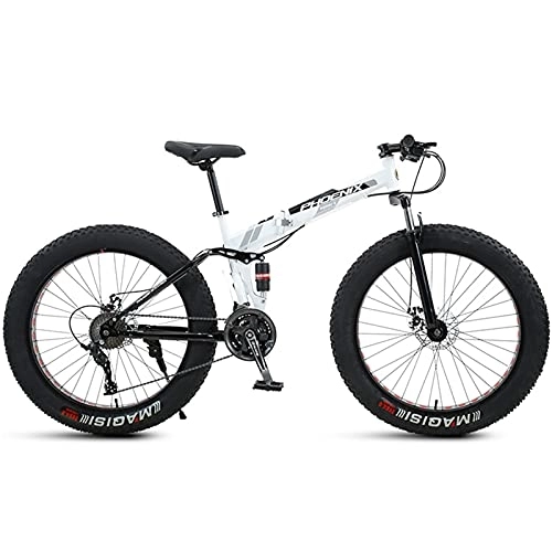 Fat Tyre Bike : NENGGE 24 Inch Mountain Bike Fat Tire, Domineering Mens Women Foldable Beach Snow Mountain Bicycle, 4-Inch Wide Knobby Tires Outdoor Cycling Road Bike, Dual-Suspension, White, 21 Speed