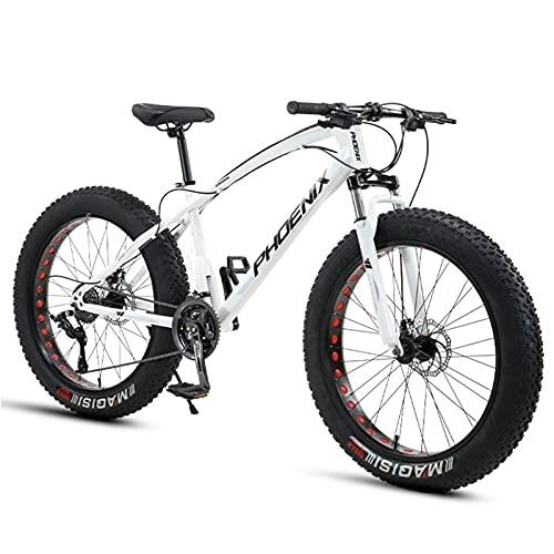 Fat Tyre Bike : NENGGE 24 Inch Mountain Bike for Boys, Girls, Mens and Womens, Adult Fat Tire Mountain Bicycle, Carbon Steel Beach Snow Outdoor Bike, Hardtail, Disc Brakes, White, 21 Speed