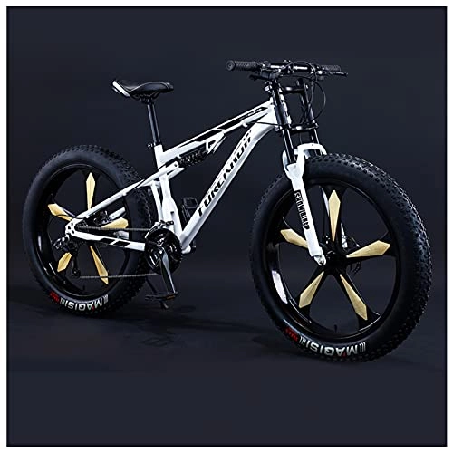 Fat Tyre Bike : NENGGE 26 Inch Fat Tire Hardtail Mountain Bike for Men and Women, Dual-Suspension Adult Mountain Trail Bikes, All Terrain Bicycle with Adjustable Seat & Dual Disc Brake, 21 Speed, White 5 Spoke
