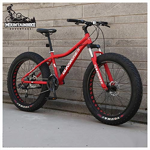 Fat Tyre Bike : NENGGE 26 Inch Hardtail Mountain Bike Fat Tire Mountain Trail Bike for Adults Men Women, Mechanical Disc Brakes Mountain Bicycle with Front Suspension, High-carbon Steel, Red Spoke, 24 Speed
