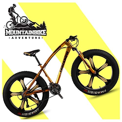Fat Tyre Bike : NENGGE 26 Inch Hardtail Mountain Bikes with Fat Tire for Adults Men Women, Mountain Trail Bike with Front Suspension Disc Brakes, High-Carbon Steel Mountain Bicycle, Gold 5 Spoke, 24 Speed