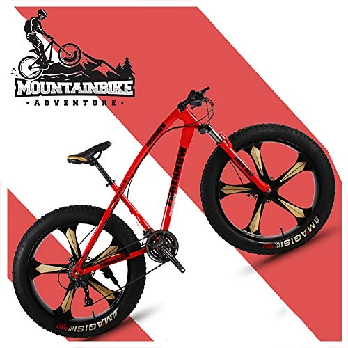 Fat Tyre Bike : NENGGE 26 Inch Hardtail Mountain Bikes with Fat Tire for Adults Men Women, Mountain Trail Bike with Front Suspension Disc Brakes, High-Carbon Steel Mountain Bicycle, Red 5 Spoke, 24 Speed