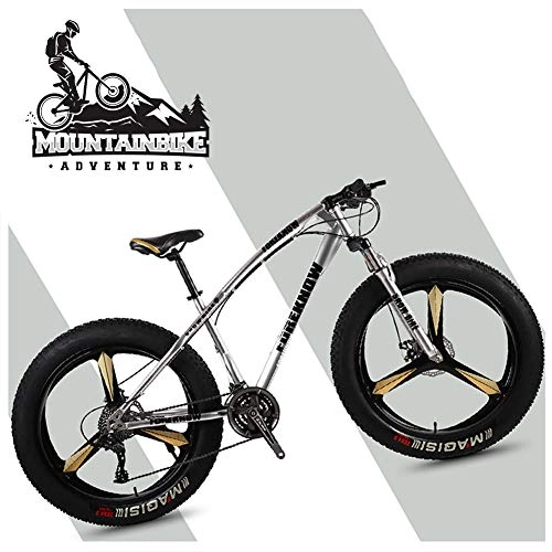 Fat Tyre Bike : NENGGE 26 Inch Hardtail Mountain Bikes with Fat Tire for Adults Men Women, Mountain Trail Bike with Front Suspension Disc Brakes, High-Carbon Steel Mountain Bicycle, Silver 3 Spoke, 27 Speed