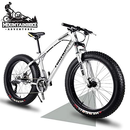 Fat Tyre Bike : NENGGE 26 Inch Hardtail Mountain Bikes with Fat Tire for Adults Men Women, Mountain Trail Bike with Front Suspension Disc Brakes, High-Carbon Steel Mountain Bicycle, Silver Spoke, 27 Speed
