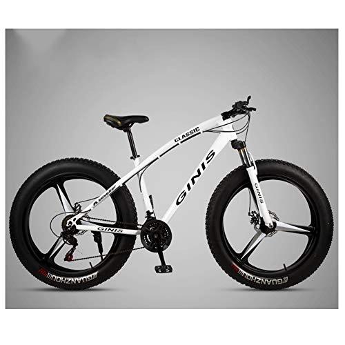 Fat Tyre Bike : NENGGE 26 Inch Mountain Bicycle, High-carbon Steel Frame Fat Tire Mountain Trail Bike, Men's Womens Hardtail Mountain Bike with Dual Disc Brake, White, 30 Speed 3 Spoke