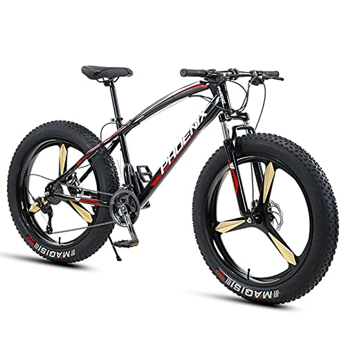 Fat Tyre Bike : NENGGE 26 Inch Mountain Bike for Boys, Girls, Mens and Womens, Adult Fat Tire Mountain Bicycle, Carbon Steel Beach Snow Outdoor Bike, Hardtail, Disc Brakes, Red 3 Spoke, 21 Speed